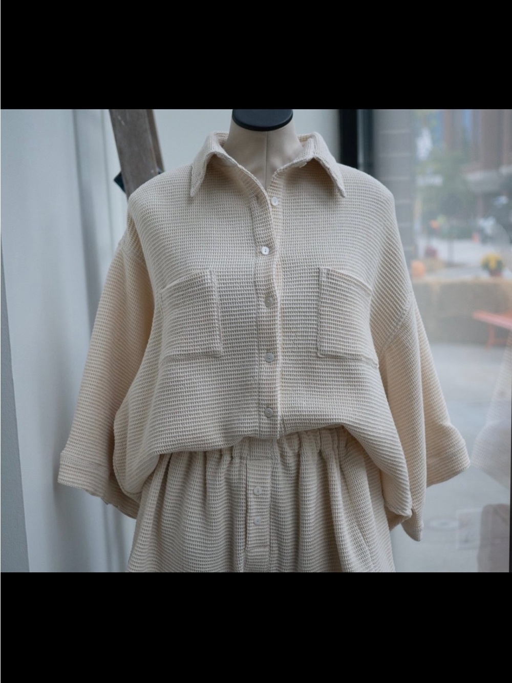 Myrah Peñaloza Cream Waffle-Knit Button Front Sweater Shirt Cropped